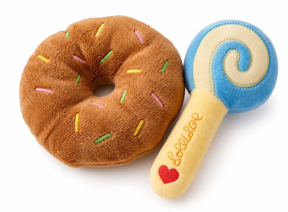 Plyšová hračka pro psy se zvukem – donut a lízátko