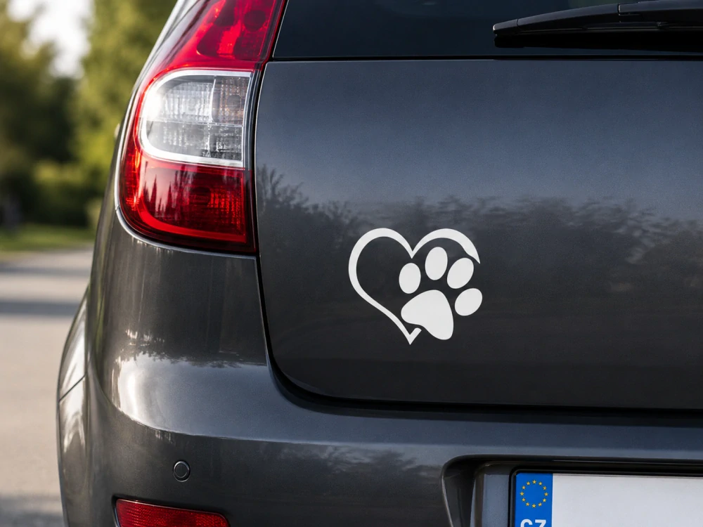 Samolepka na auto – psí tlapka a srdce (bílá)