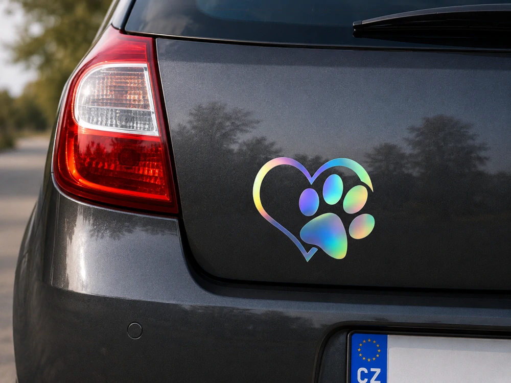 Samolepka na auto – psí tlapka a srdce (holografická)